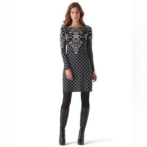 WHBM Paisley Geometric Black and White Long Sleeve Dress